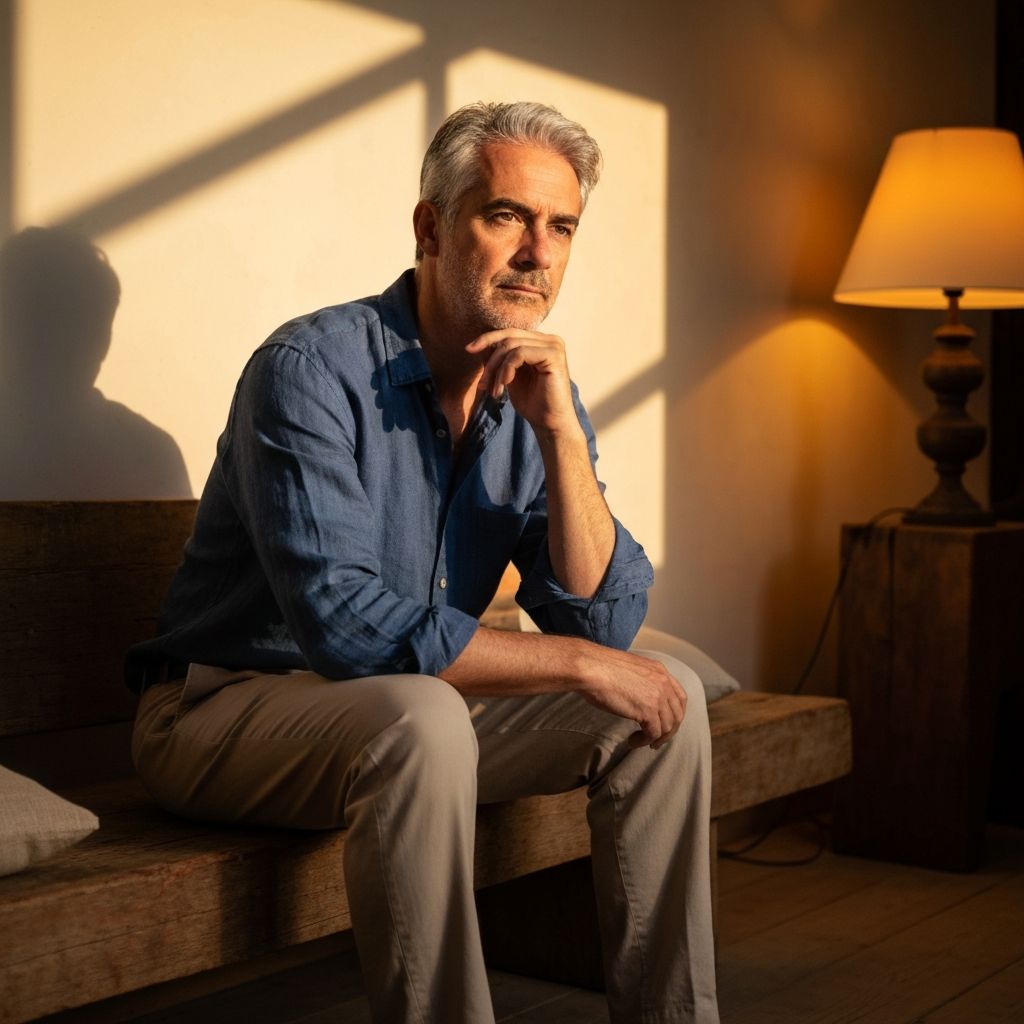 Man in contemplative peaceful moment with warm natural lighting